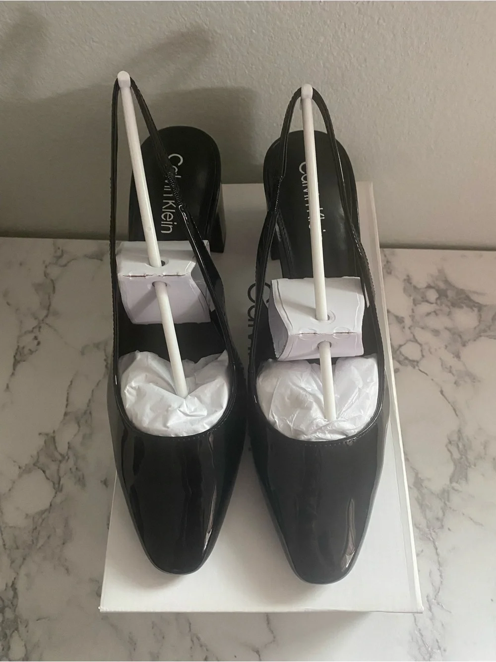 Calvin Klein Glossy Black Patent Slingback Block Heels